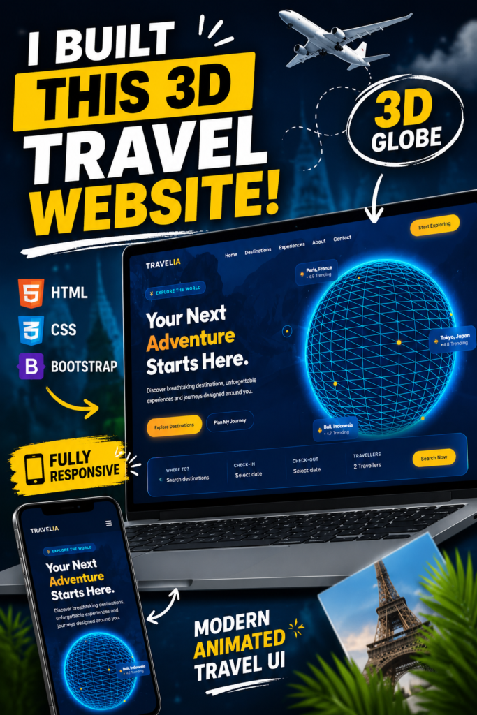 3D Travel Website Landing Page using HTML, CSS & Bootstrap – Travelia