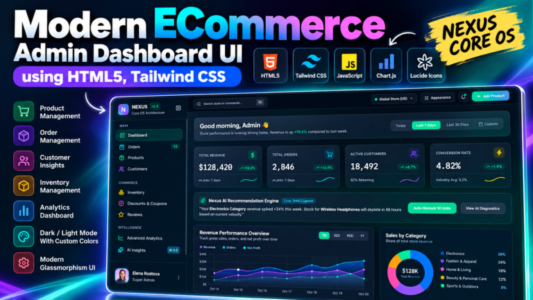 Modern ECommerce Admin Dashboard UI using HTML5, Tailwind CSS